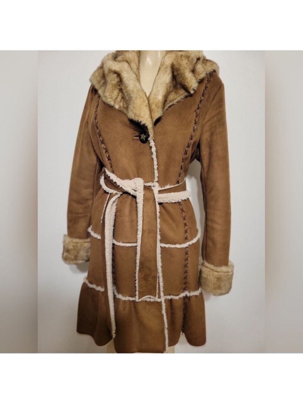 Laundry By Shelli Segal Penny Lane Brown Faux Fur Trimmed Women's Coat Medium - Picture 1 of 8